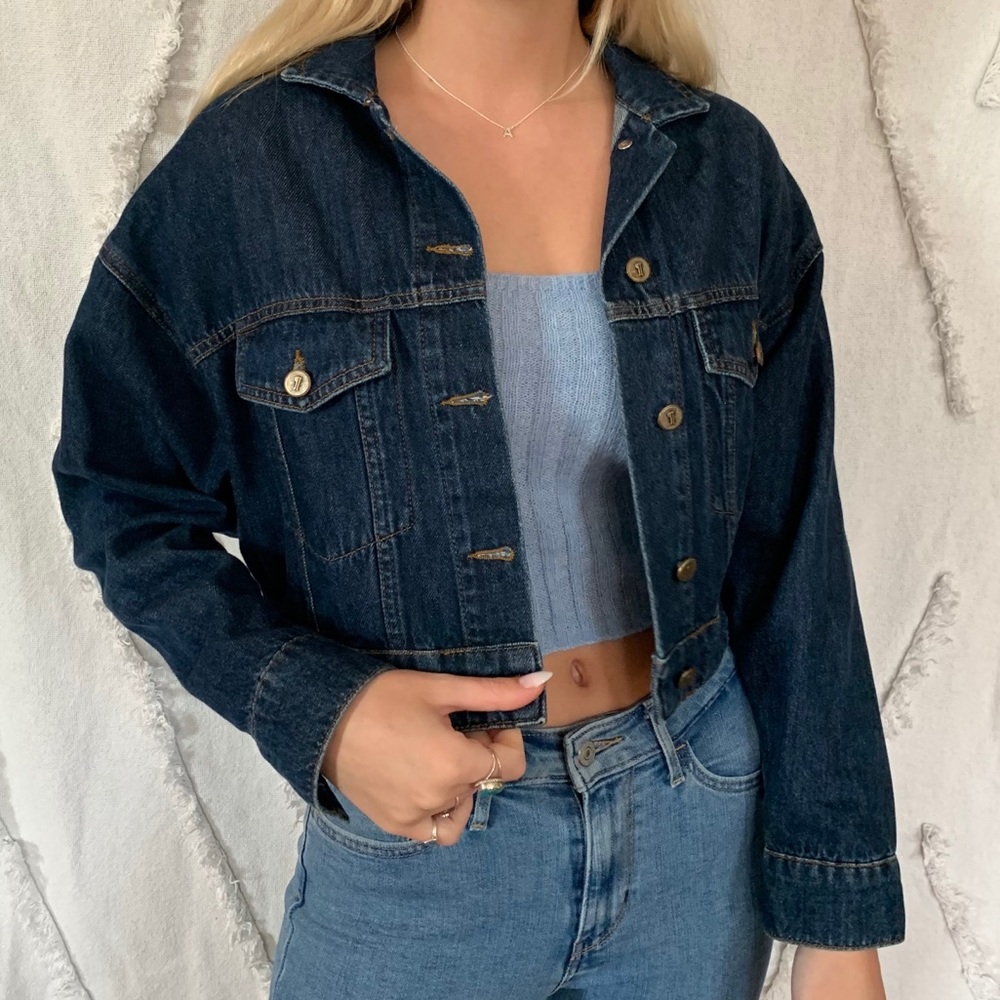 LIKE NEW Anthropologie cropped jean jacket dark wash denim